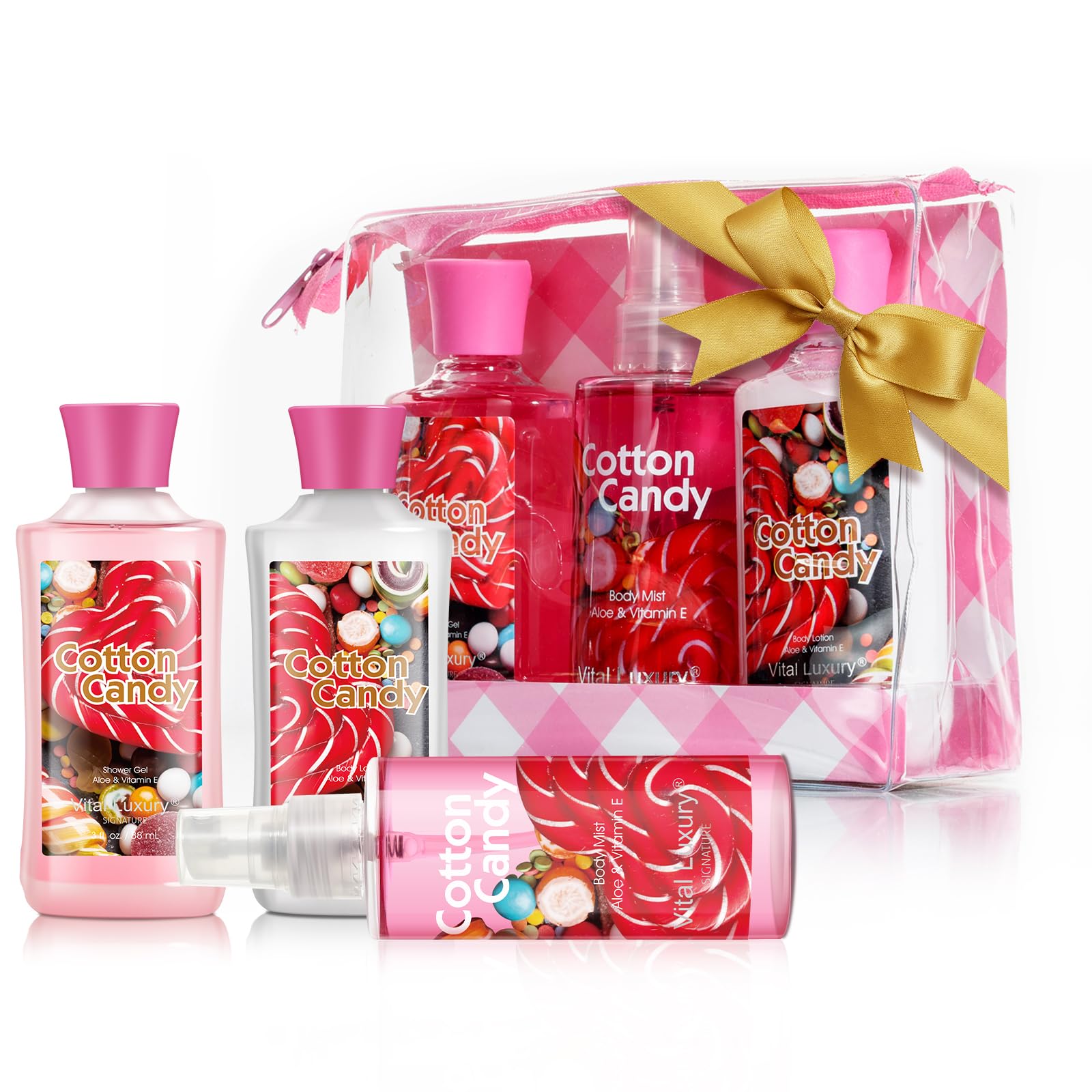 Vital Luxury Cotton Candy Shower Gel bottle showcases the playful fragrance in a travel size