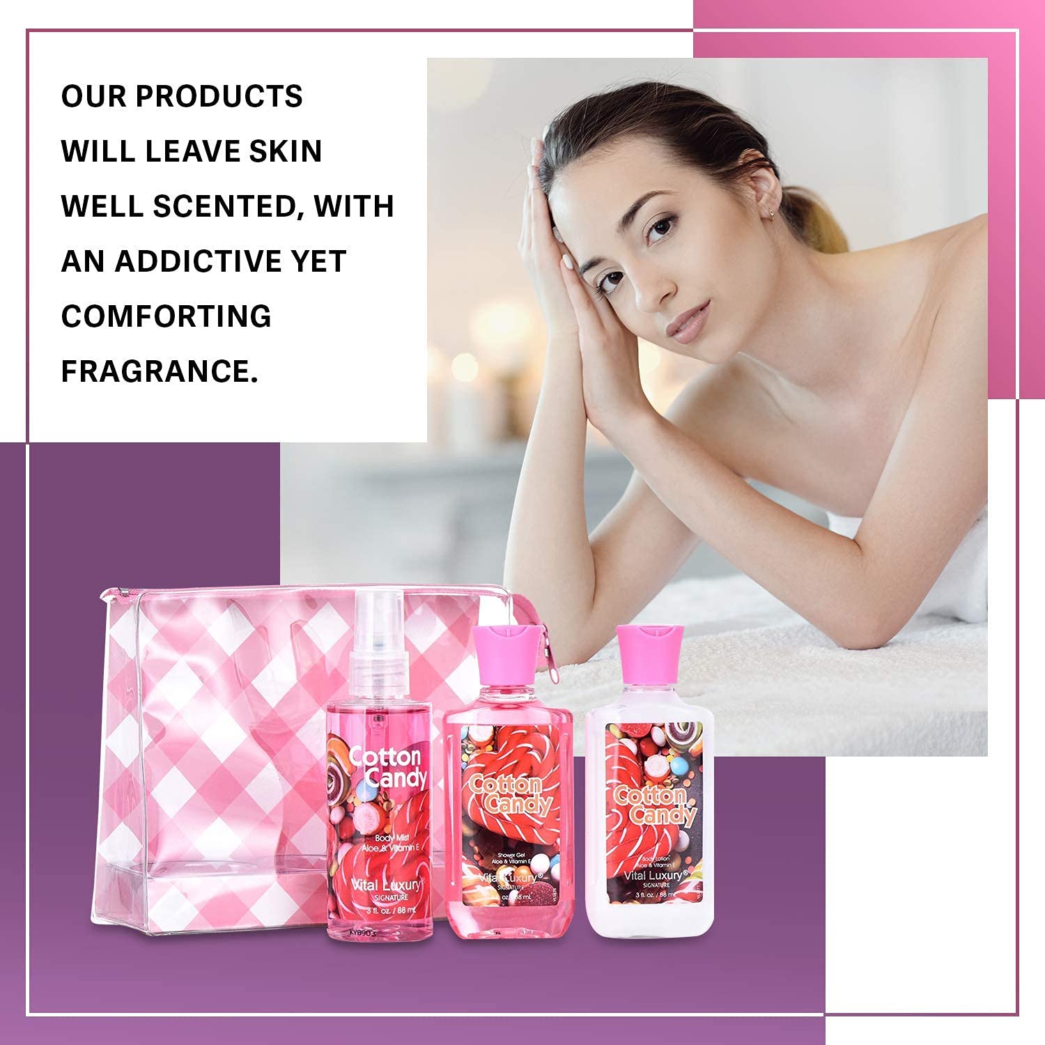Vital Luxury Cotton Candy set close-up of ingredients hints at clean, paraben-free care