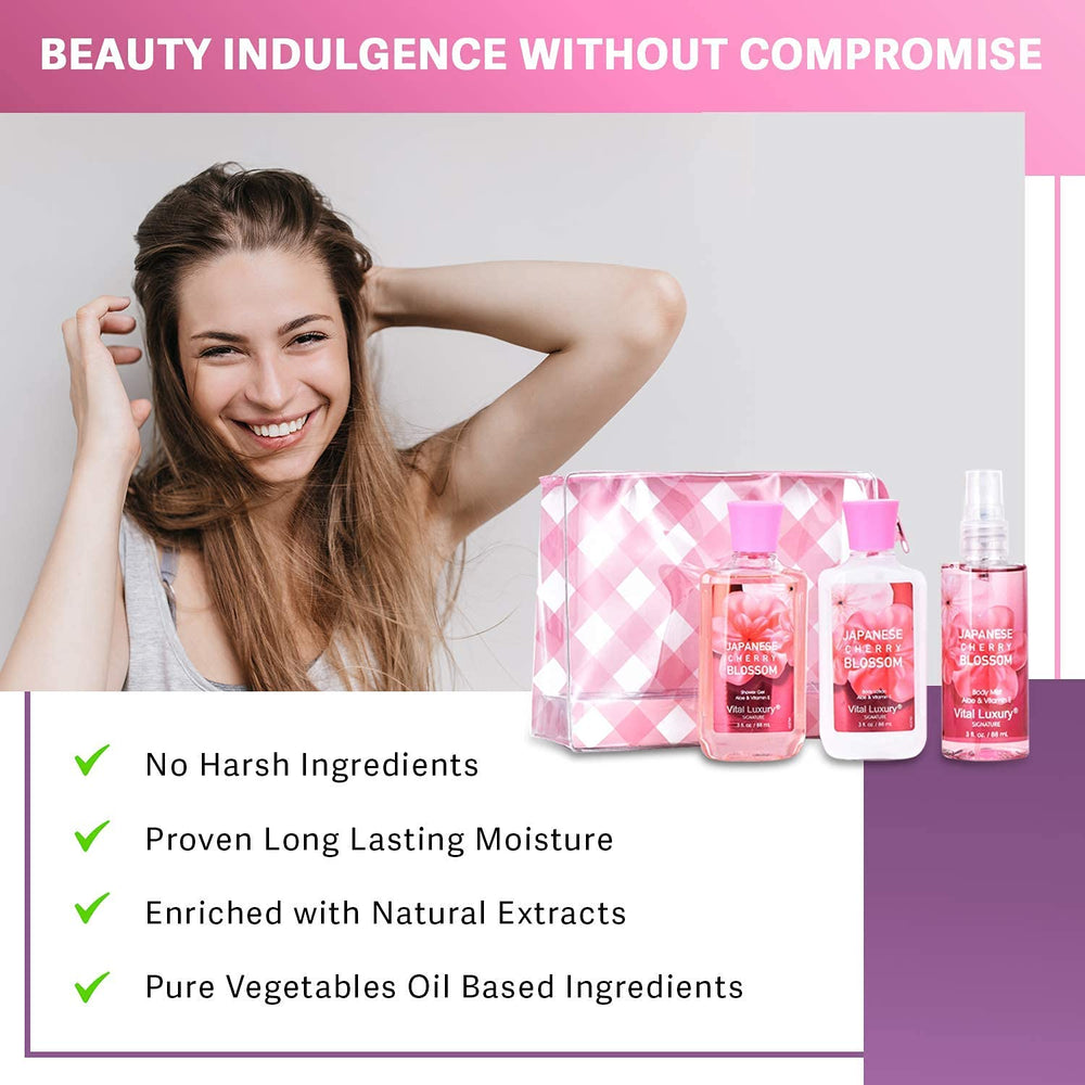 Vital Luxury routine image showing shower, lotion, and mist trio