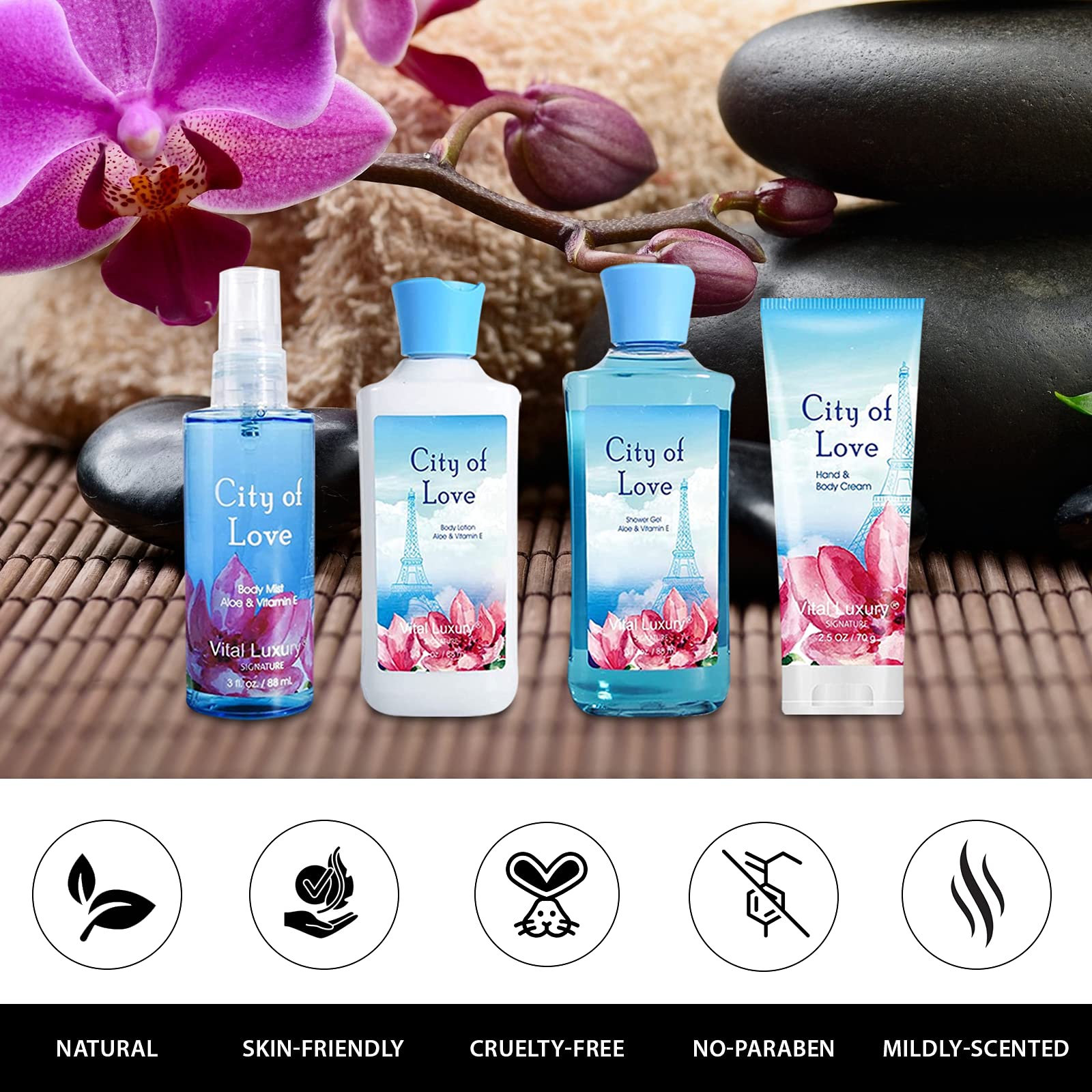 Vital Luxury natural extracts Aloe and Vitamin E hydrates skin