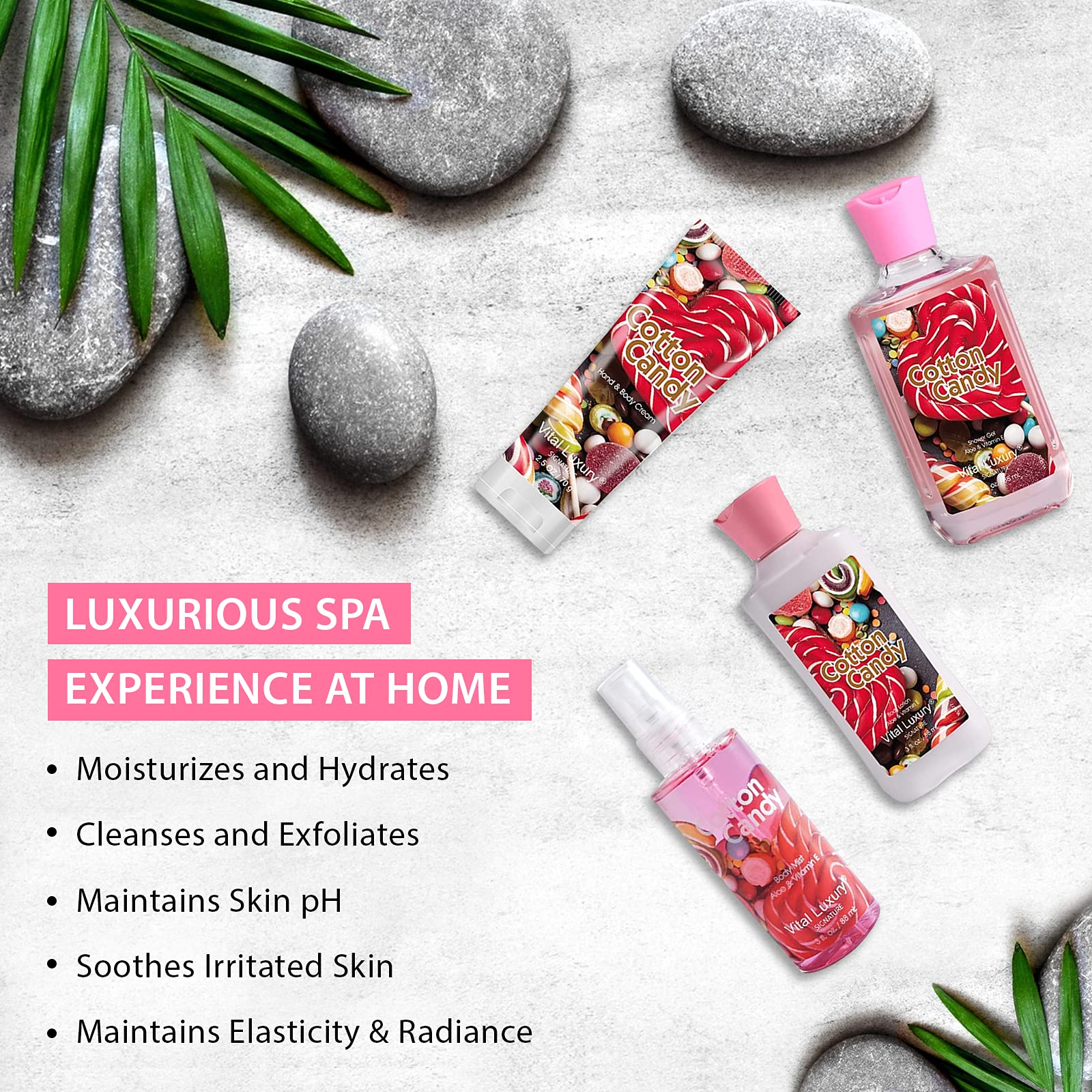 Vital Luxury natural flower and herb extracts nourish skin with gentle botanical care.