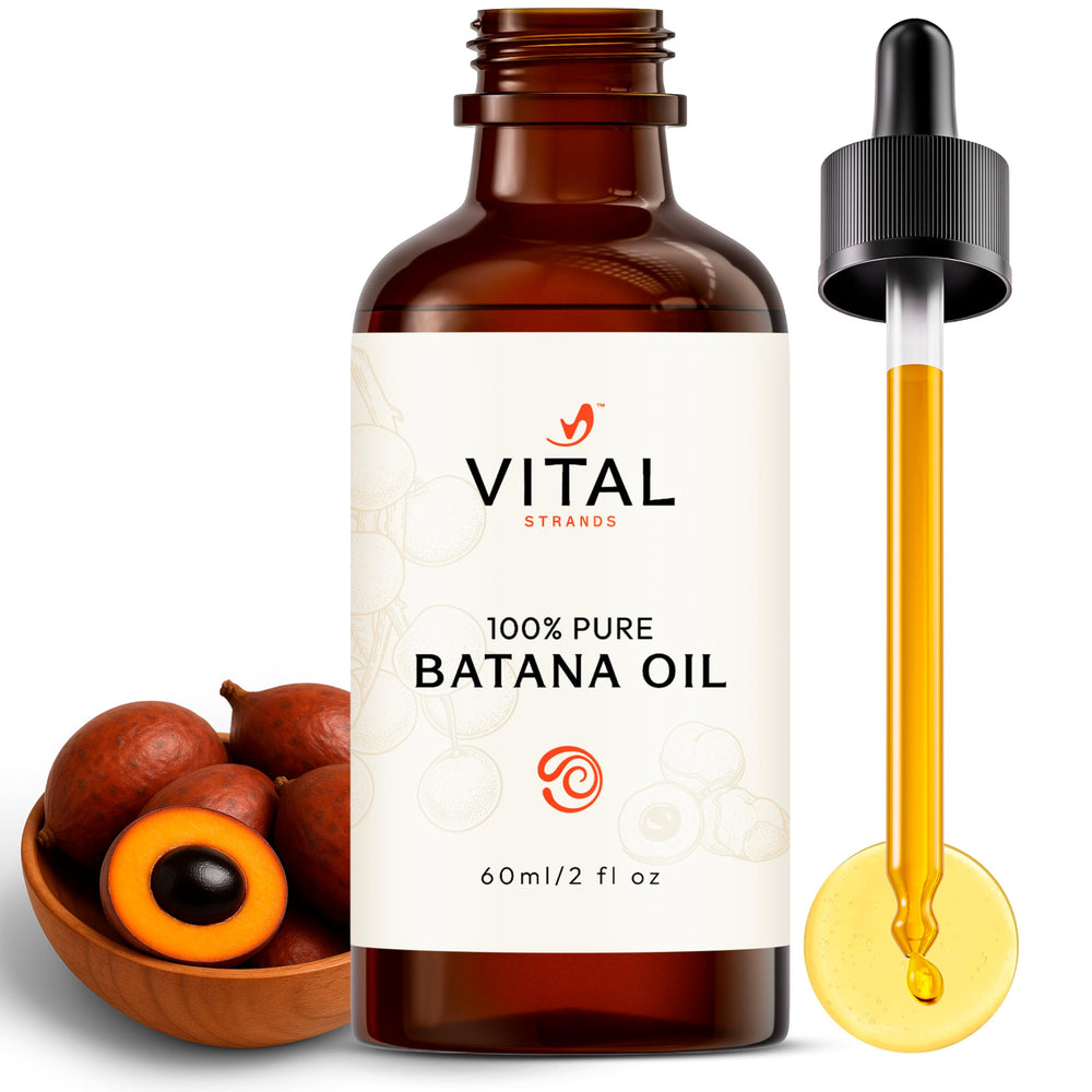 Vital Strands Batana Oil bottle closeup for fast-absorbing scalp nourishment.