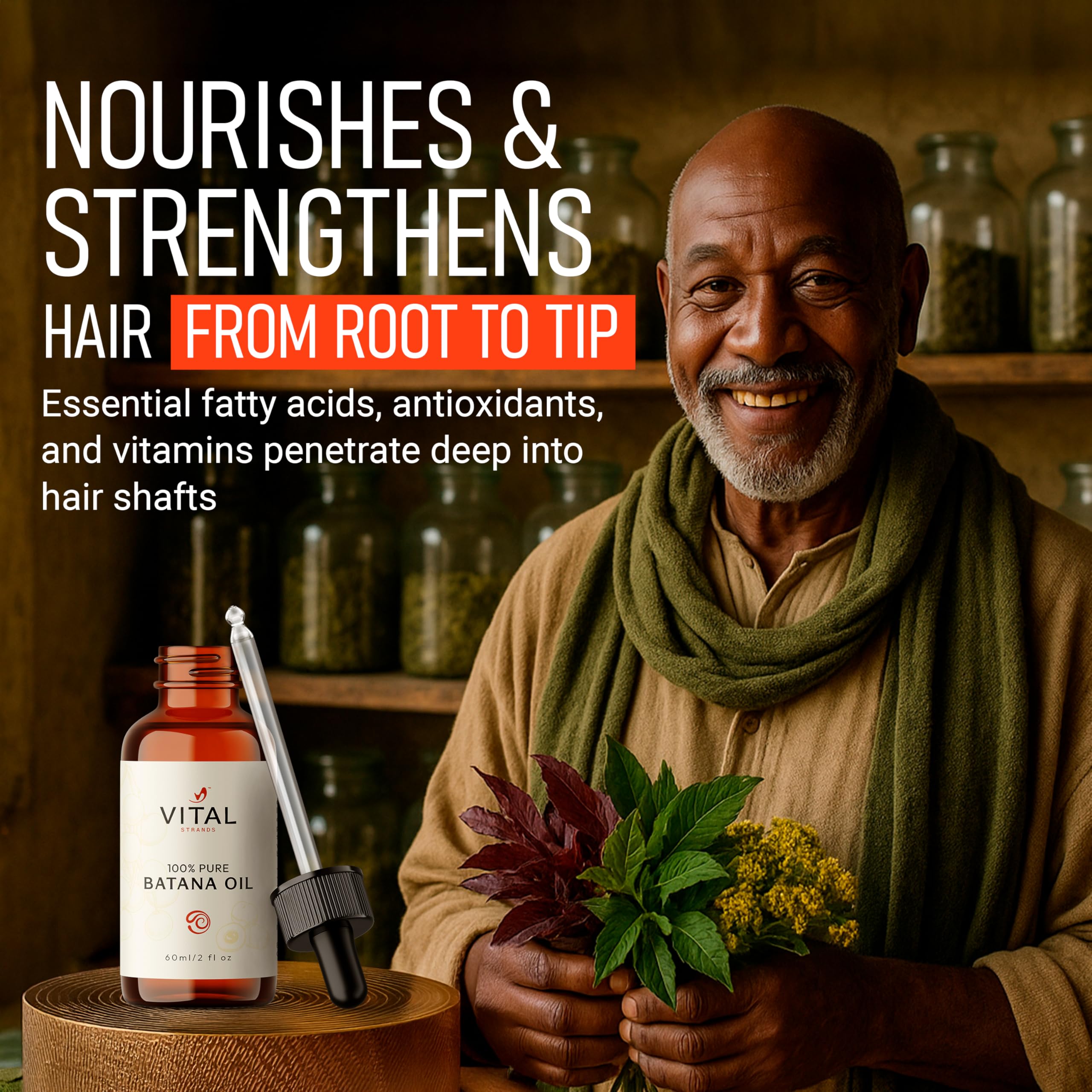 Vital Strands Batana Oil drops pouring, illustrating lightweight daily serum for hair growth support.