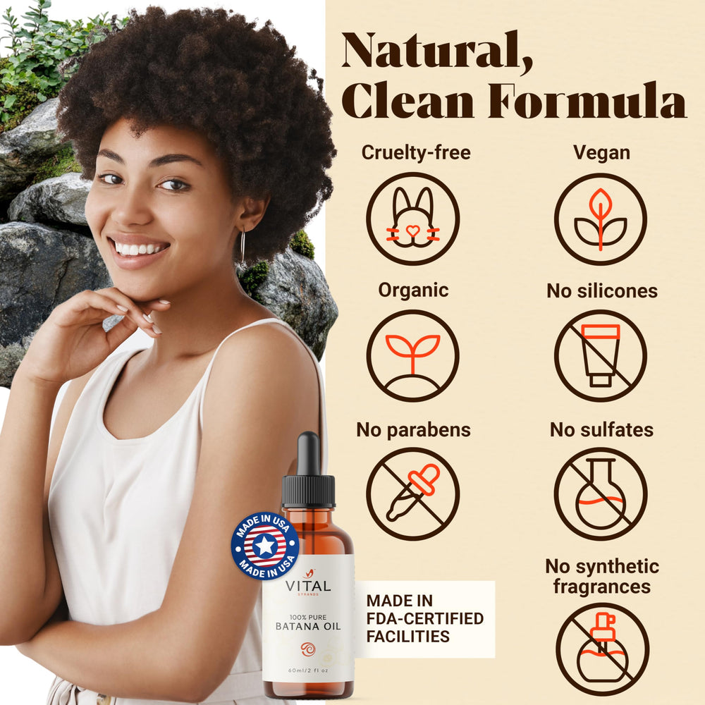 Vital Strands Batana Oil with vitamins A and E for scalp soothing relief.