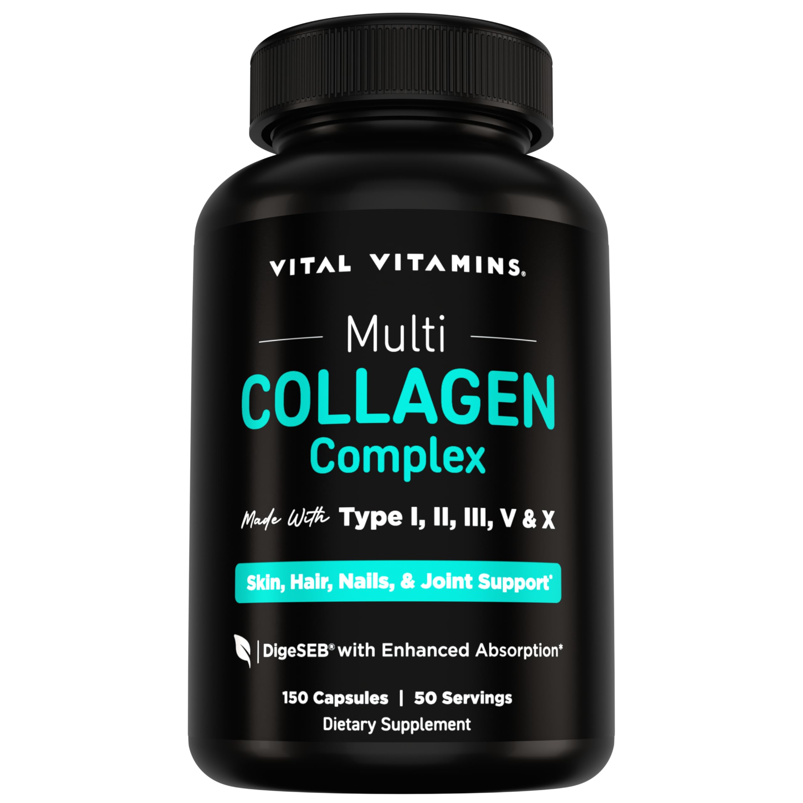 Vital Vitamins front packaging showing bottle and label, clear benefit of daily collagen