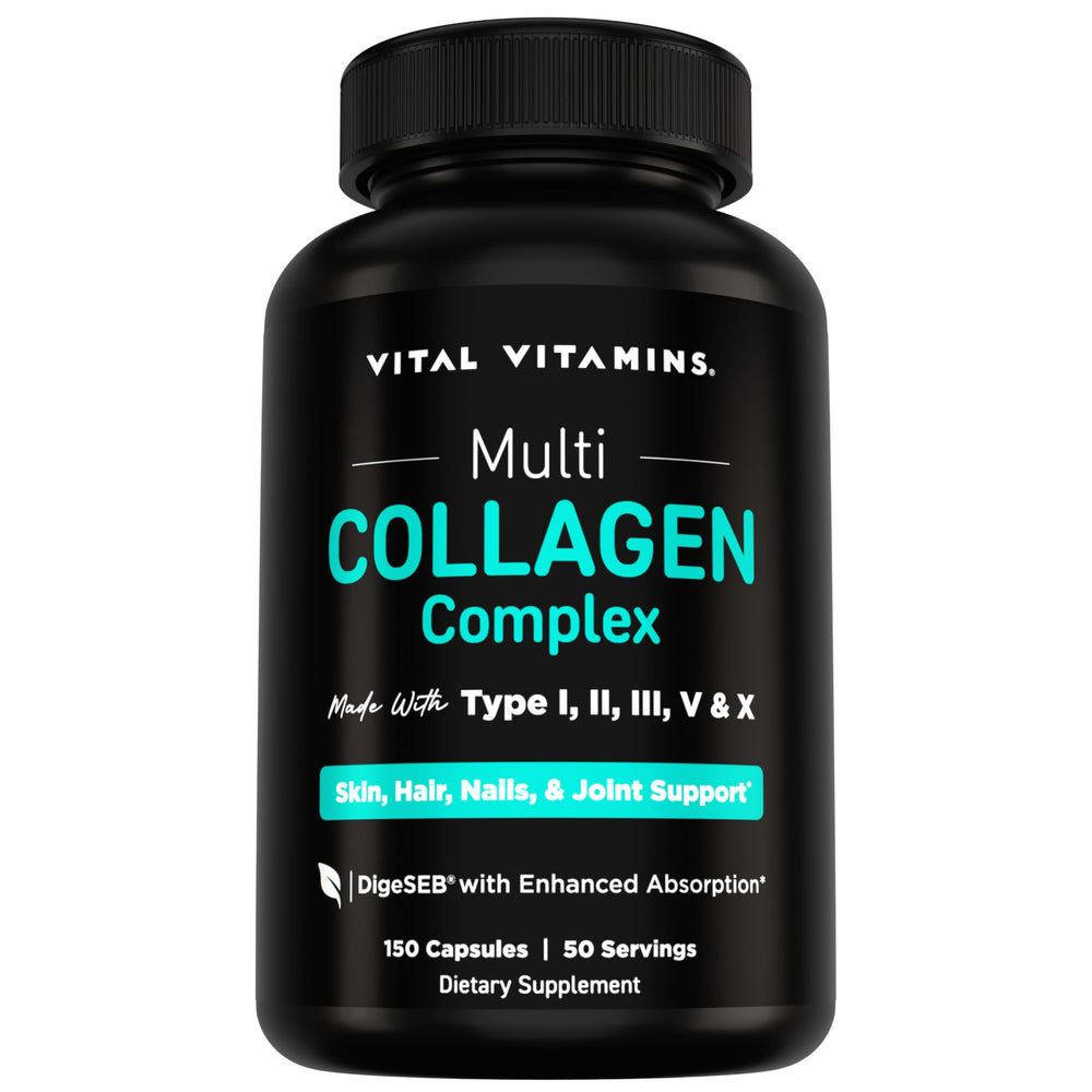 Vital Vitamins front packaging showing bottle and label, clear benefit of daily collagen