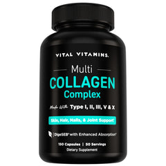 Vital Vitamins front packaging showing bottle and label, clear benefit of daily collagen