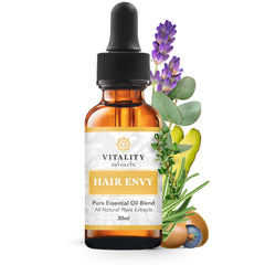 Vitality Extracts Hair Envy bottle closeup showing pure essential oil blend for nourishing scalp care