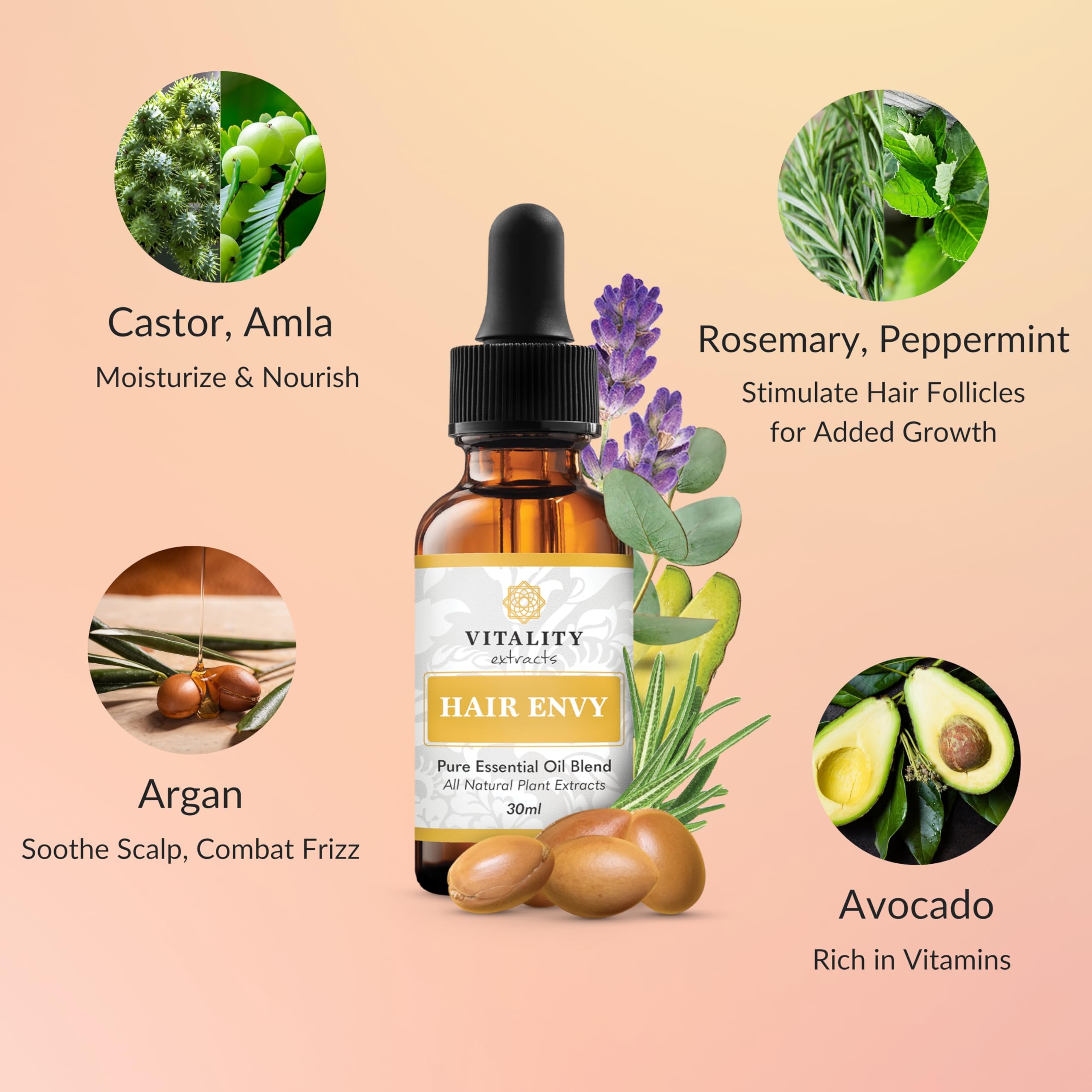 Vitality Extracts Hair Envy ingredients highlight nourishing oils for healthier-looking hair