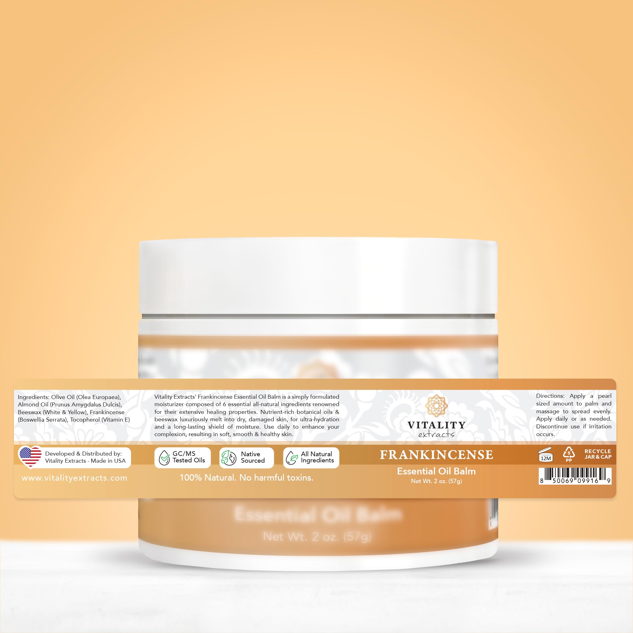 Vitality Extracts Frankincense Balm packaging with clean-ingredient label