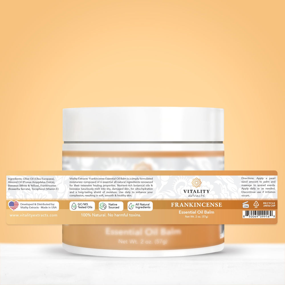 Vitality Extracts Frankincense Balm packaging with clean-ingredient label
