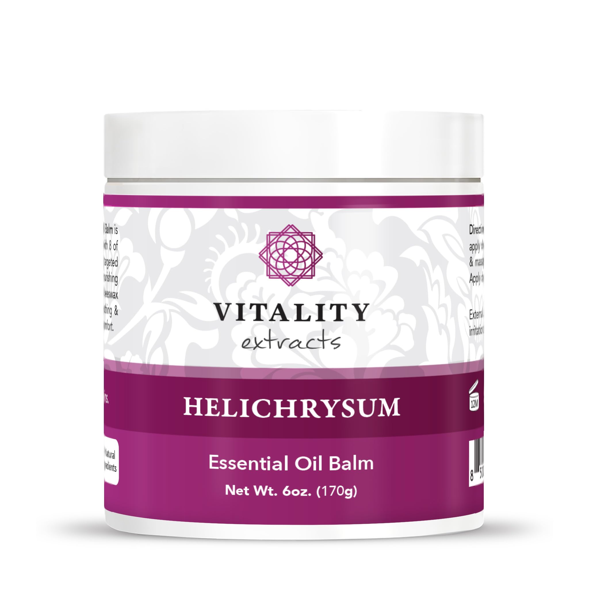 Vitality Helichrysum Balm 6oz packaging shows the premium all-natural moisturizer for full body hydration.