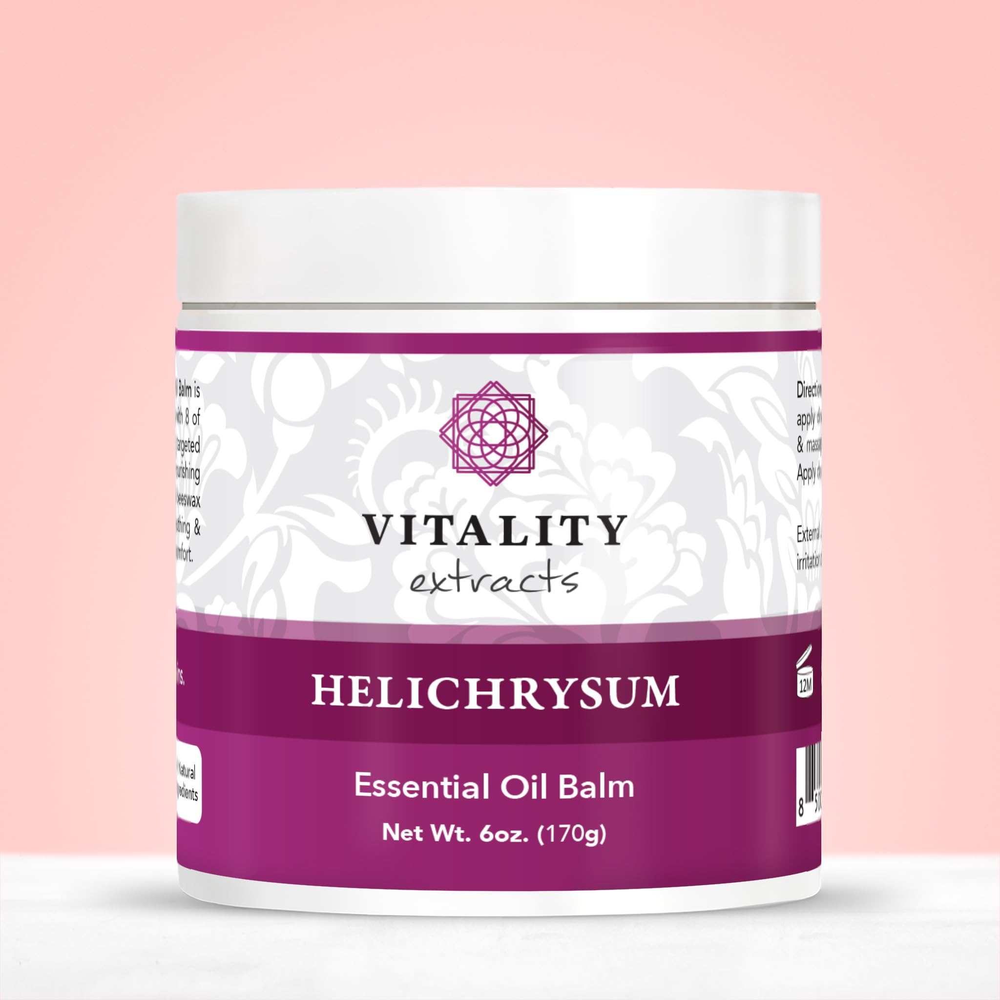 Vitality Helichrysum Balm texture closeup highlights rich beeswax and oil blend for deep moisturization.