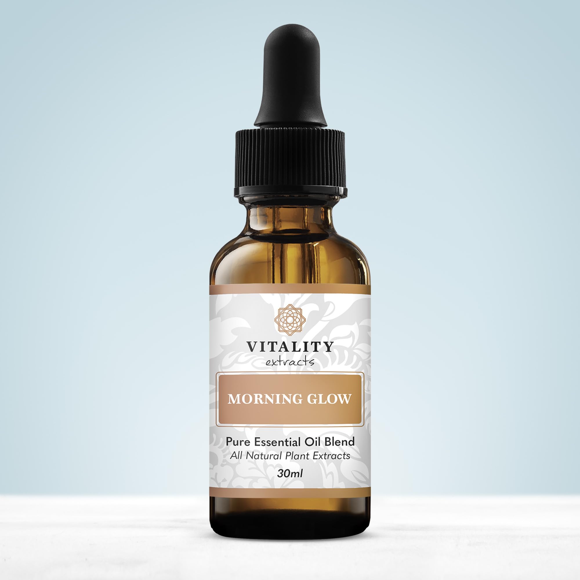 Vitality Morning Glow application scene with skin-benefit visuals and dewy finish