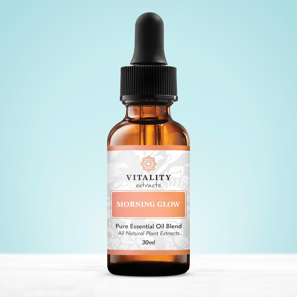 Vitality Morning Glow application scene with skin-benefit visuals and dewy finish