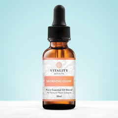 Vitality Morning Glow application scene with skin-benefit visuals and dewy finish