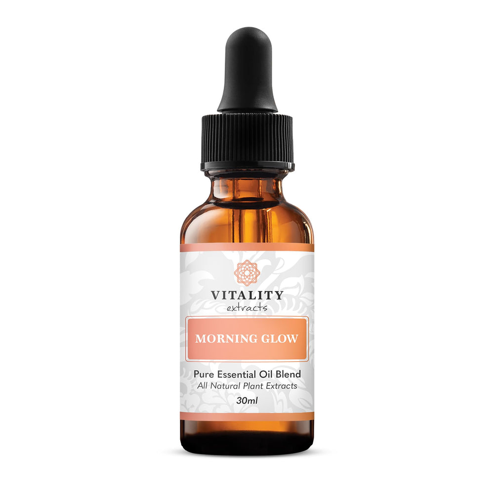 Vitality Morning Glow bottle closeup with avocado and rosehip oils, hydrating skin