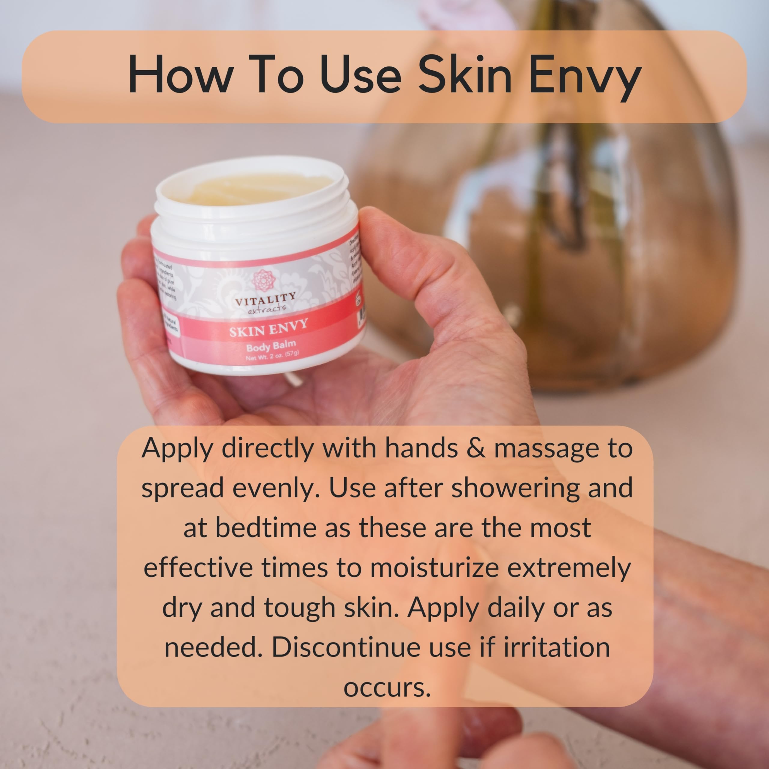 Vitality Skin Envy Balm packaging highlights cruelty-free and all-natural formula