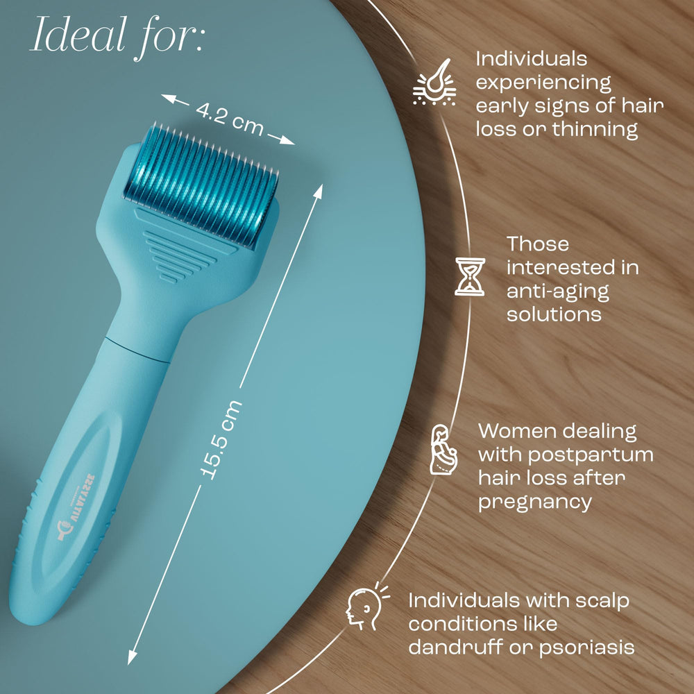 Vitalysse Scalp Derma Roller on-scalp demonstration for at-home microneedling routine.