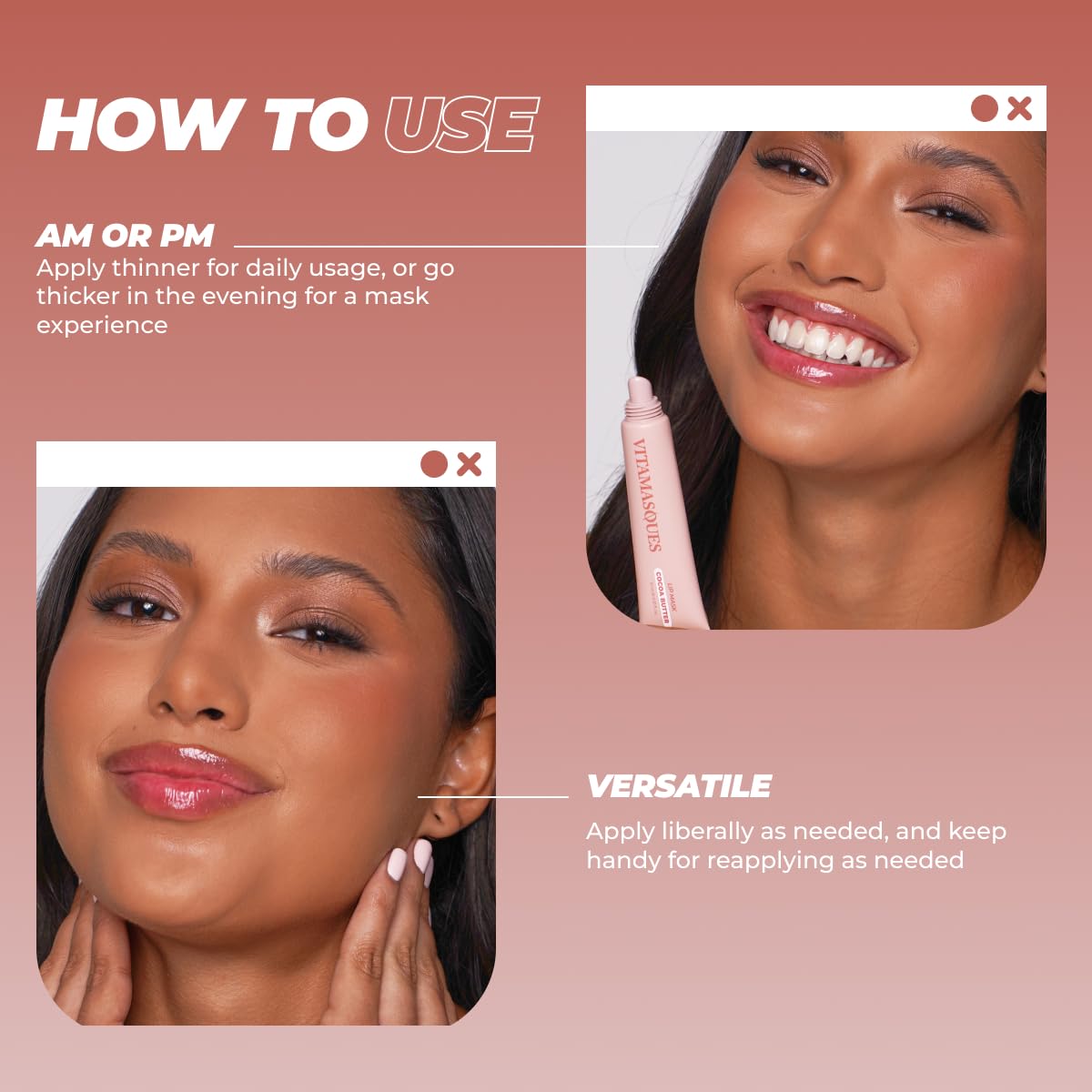 Vitamasques 10ml tube-pack front view for convenient home lip care.