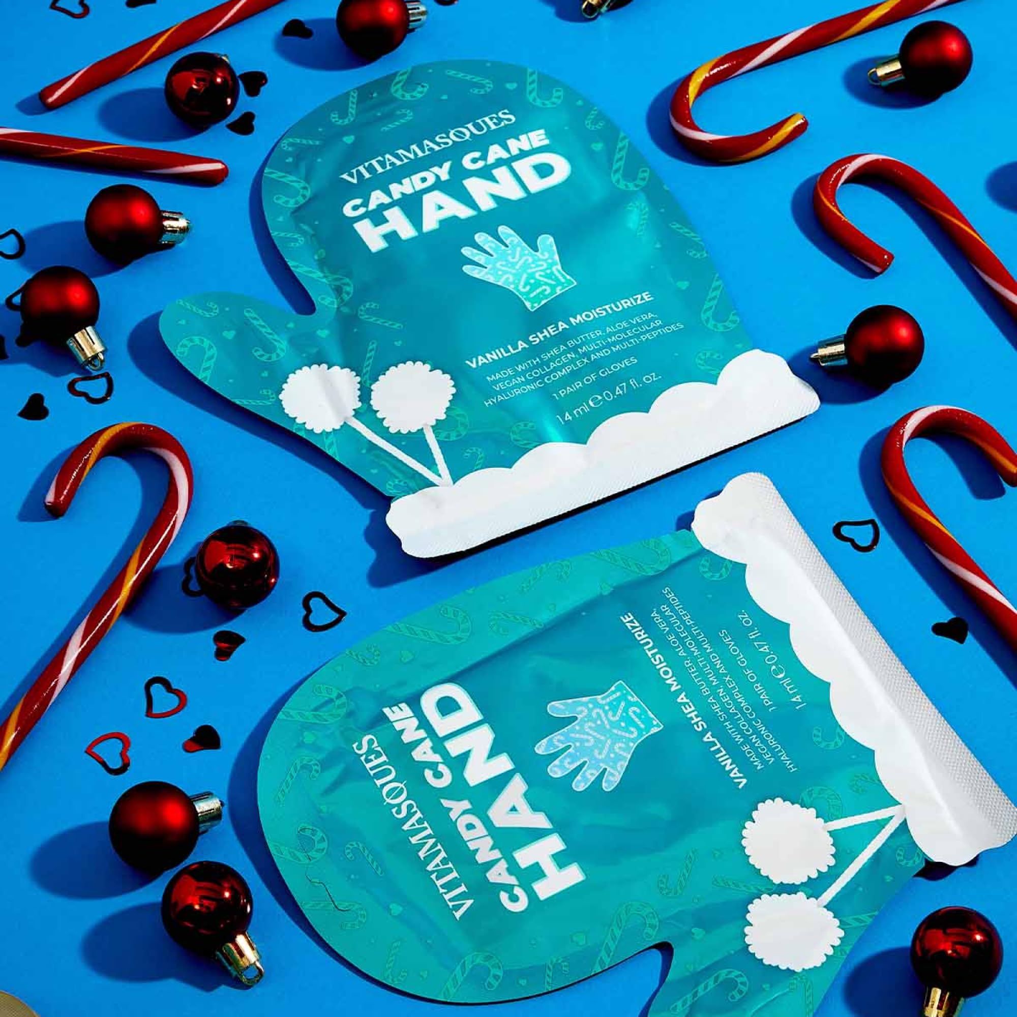 Vitamasques Candy Cane Hand Mask close-up shows rich hydration.