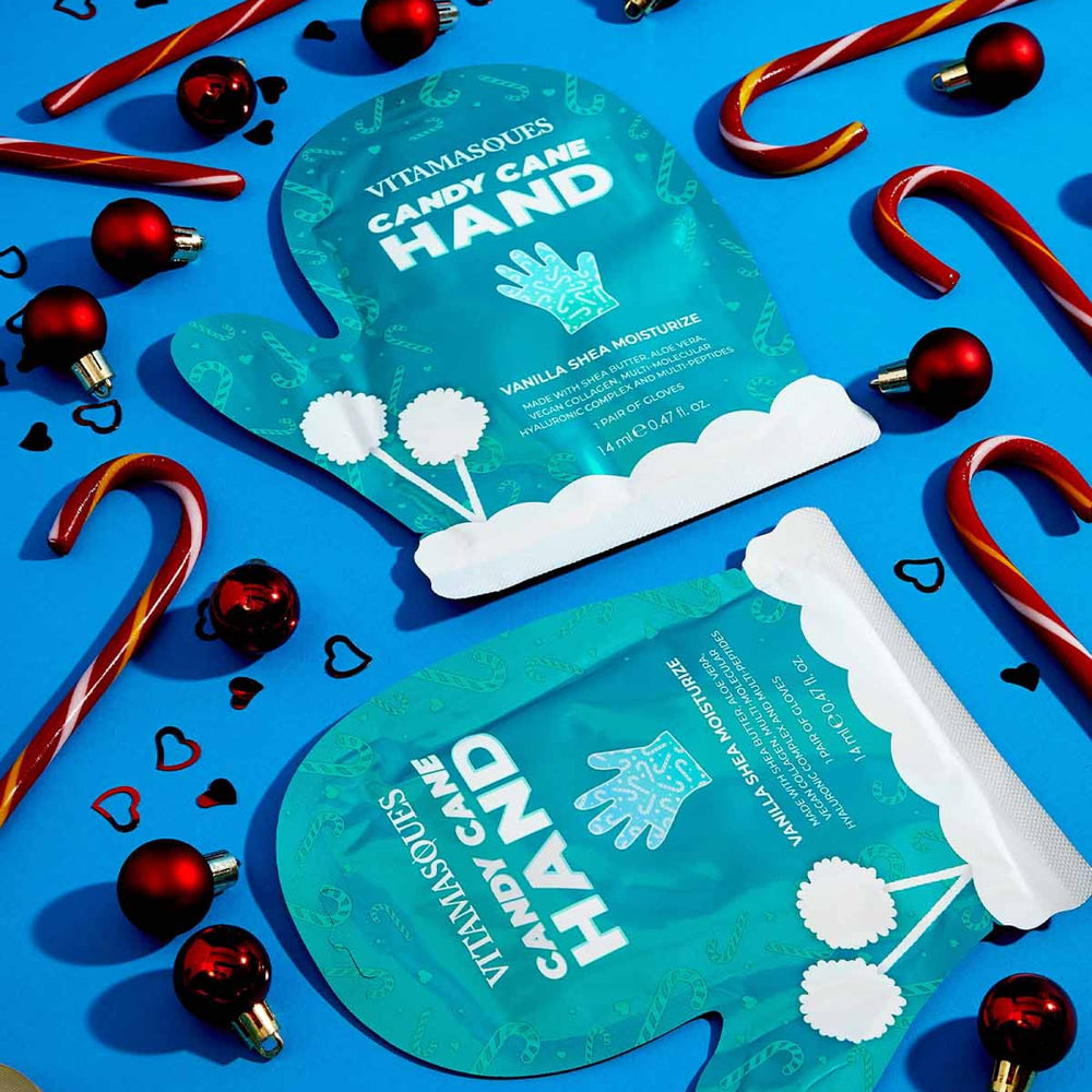 Vitamasques Candy Cane Hand Mask close-up shows rich hydration.
