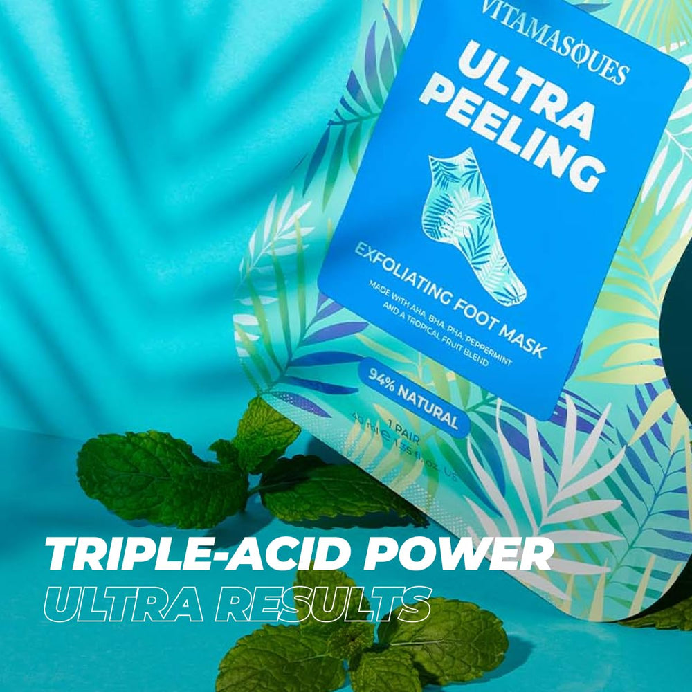 Vitamasques Foot Peeling Mask dry-feet-before panel captures problem areas addressed by peeling action