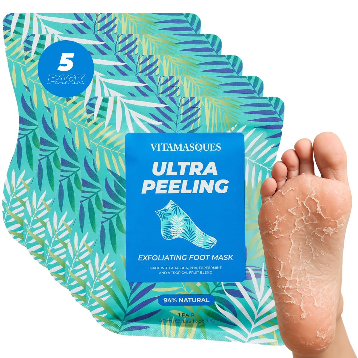Vitamasques Foot Peeling Mask pack-front shows five-pair box for at-home foot care and exfoliation