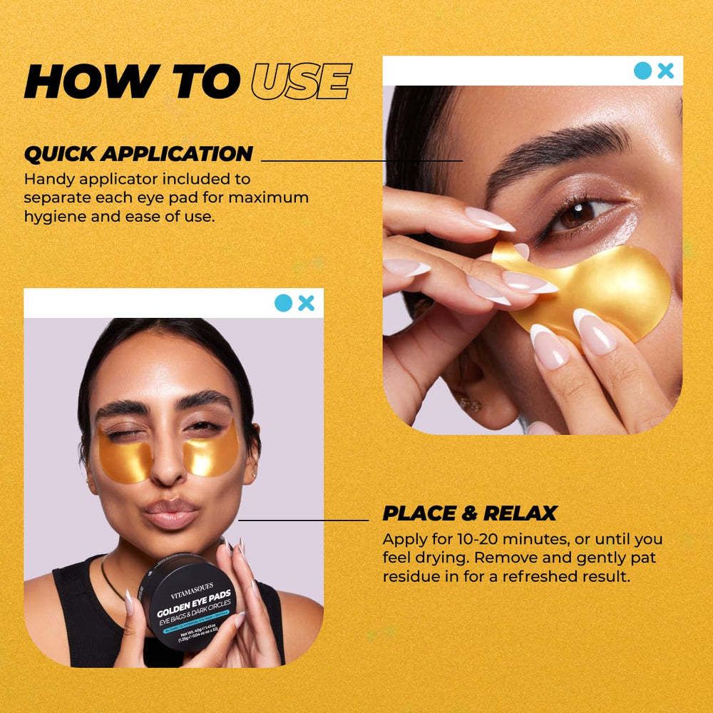 Vitamasques Golden Hydrogel Eye Pads Aloe Vera and caffeine formula for refreshing under-eye skin.