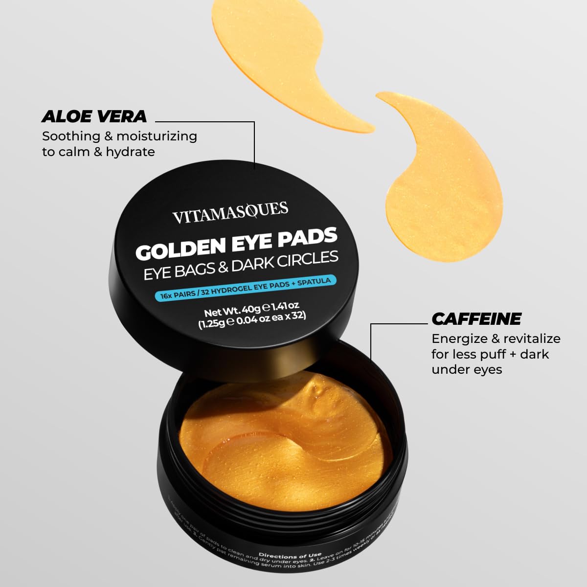 Vitamasques Golden Hydrogel Eye Pads clean formula emphasizing cruelty-free, fragrance-free care.