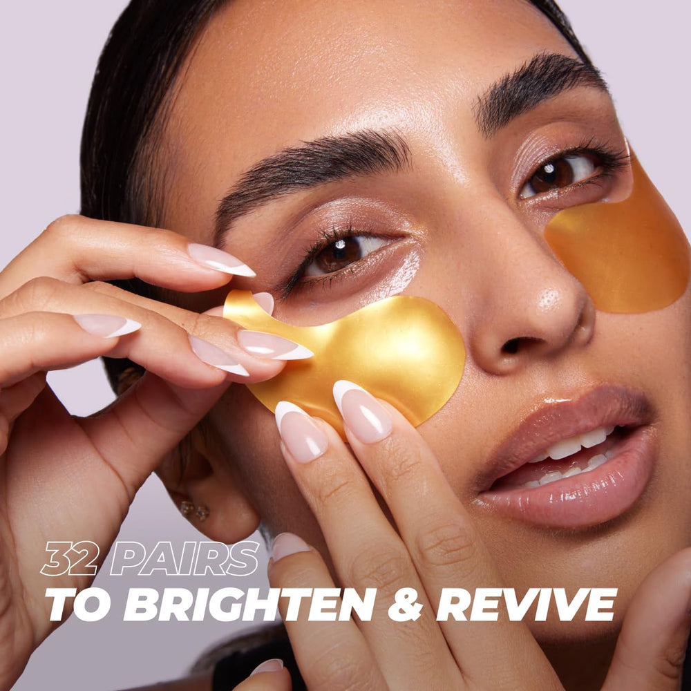 Vitamasques Golden Hydrogel Eye Pads closeup highlighting gold gel texture for soothing hydration.