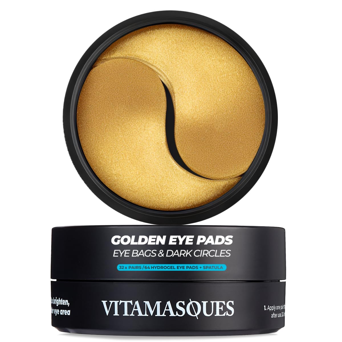 Vitamasques Golden Hydrogel Eye Pads pack showing 32 pairs for a refreshed under-eye appearance.
