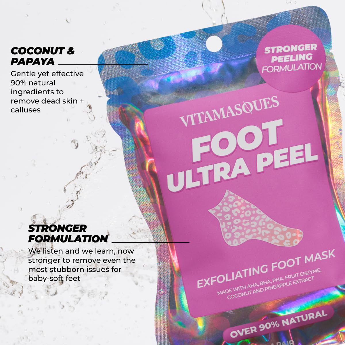 Vitamasques strong exfoliation foot mask application illustrates intense removal of dead skin.