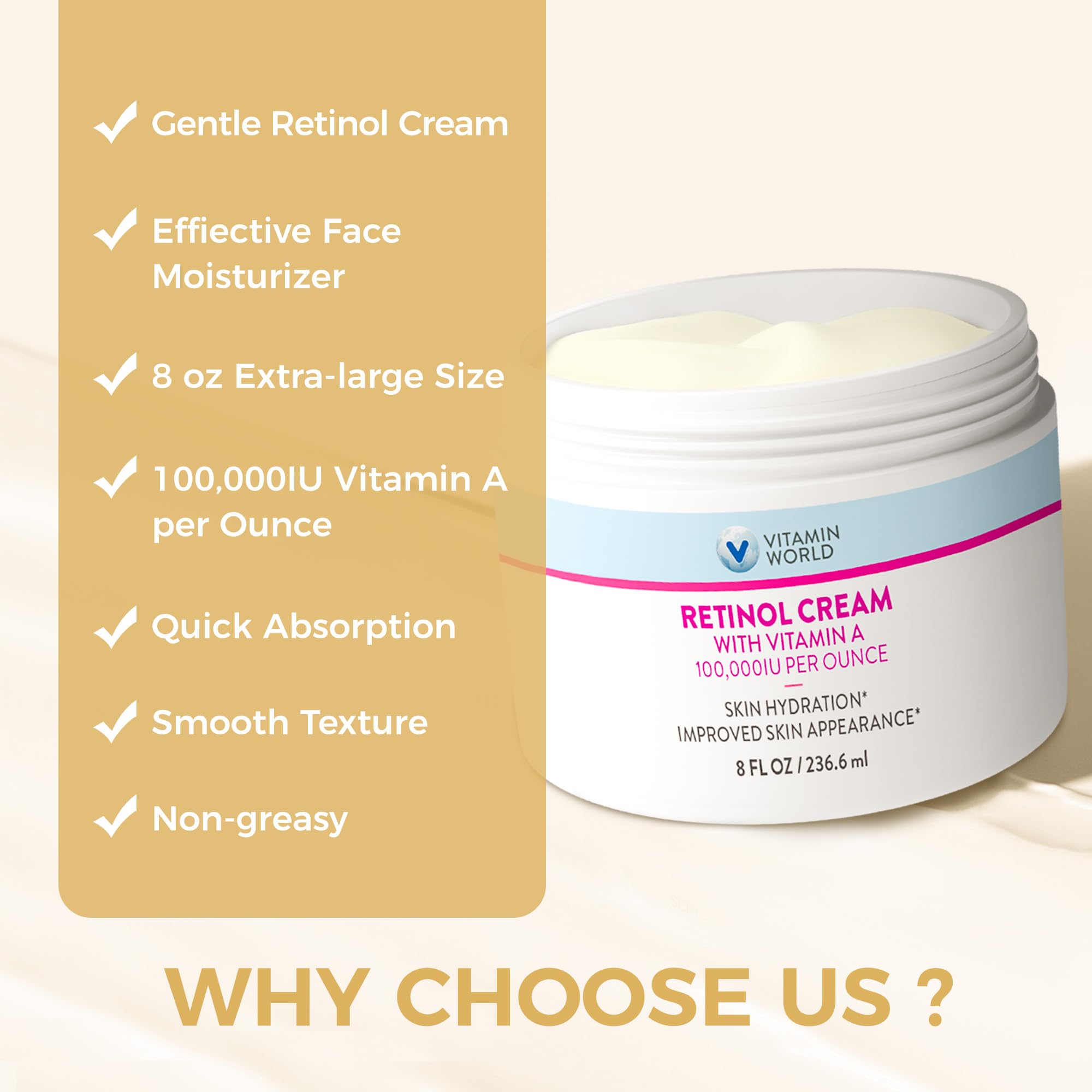 Vitamin World Retinol Cream 8-ounce jar emphasizes generous size for ongoing routine