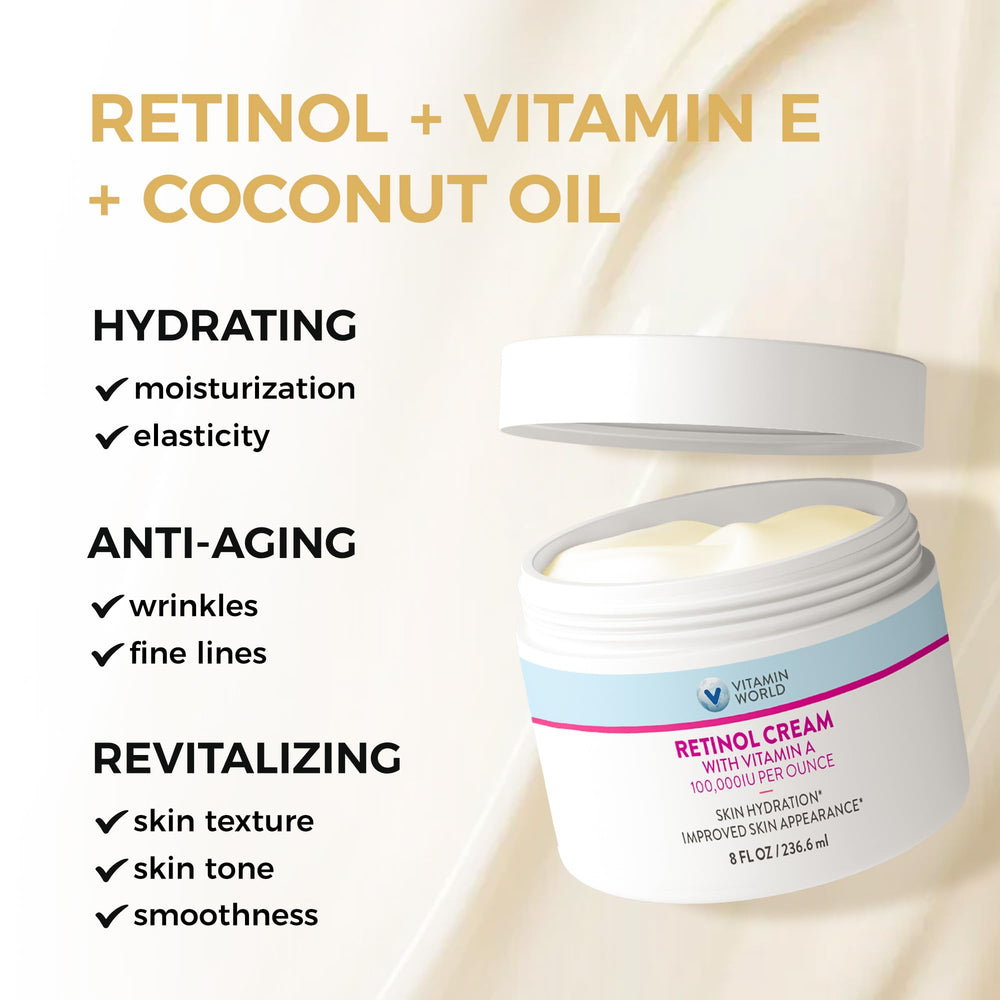 Vitamin World Retinol Cream dispense pump highlights easy evening use