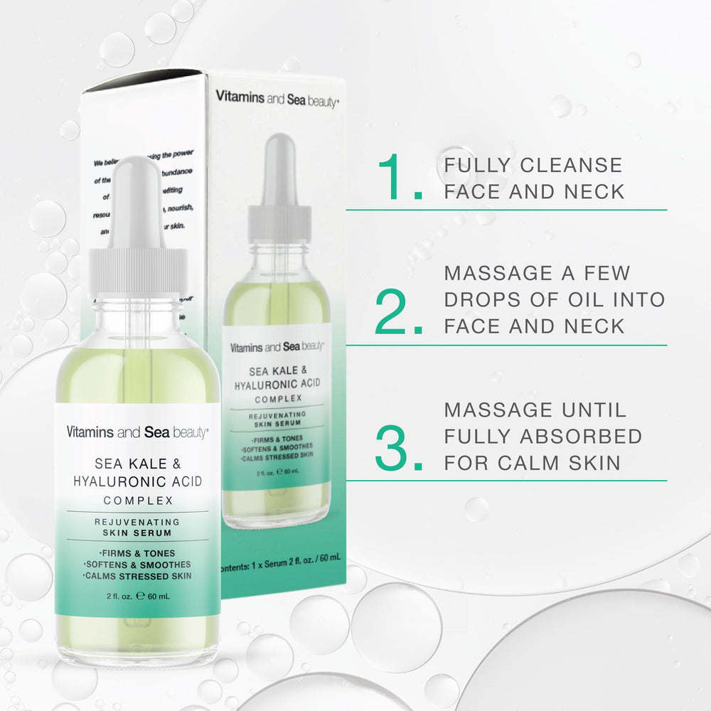 VITAMINS AND SEA BEAUTY glass bottle with matte finish for calming skincare routine.