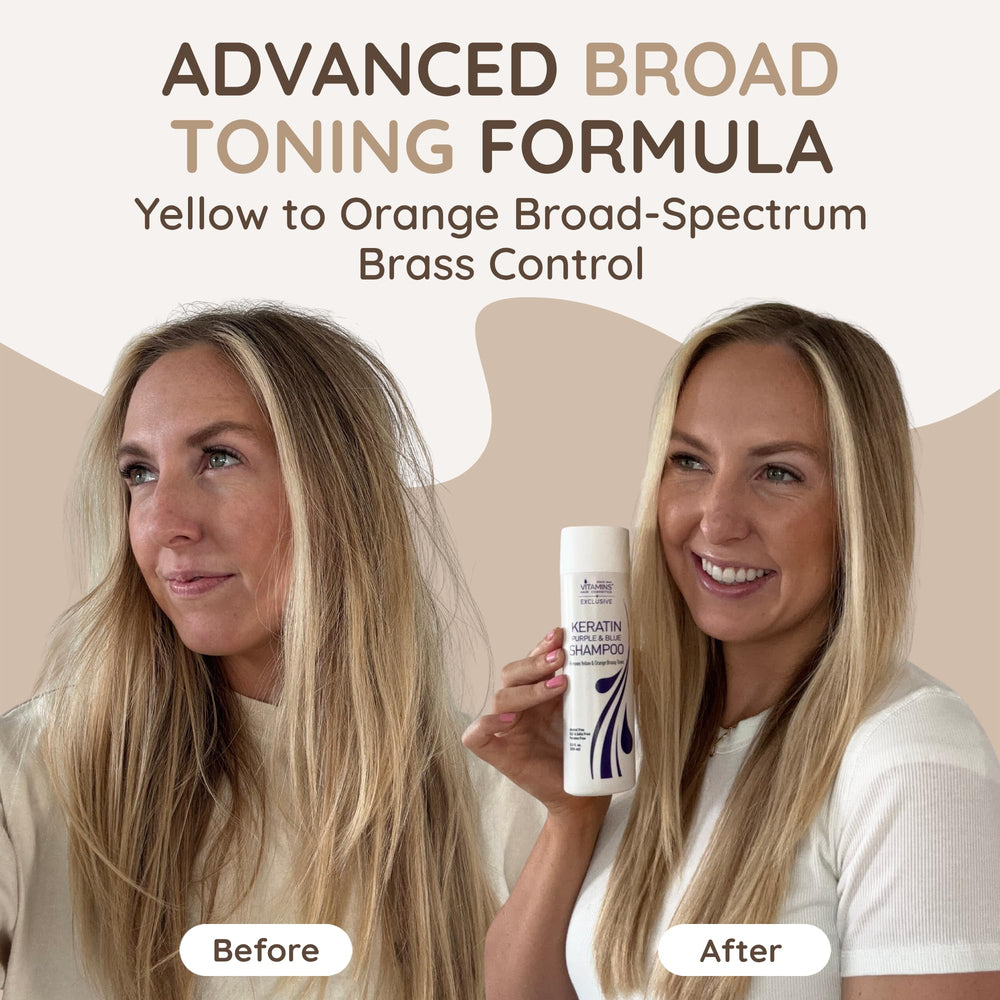 VITAMINS hair cosmetics blue shampoo bottle closeup emphasizes tone-correcting blue violet formula.