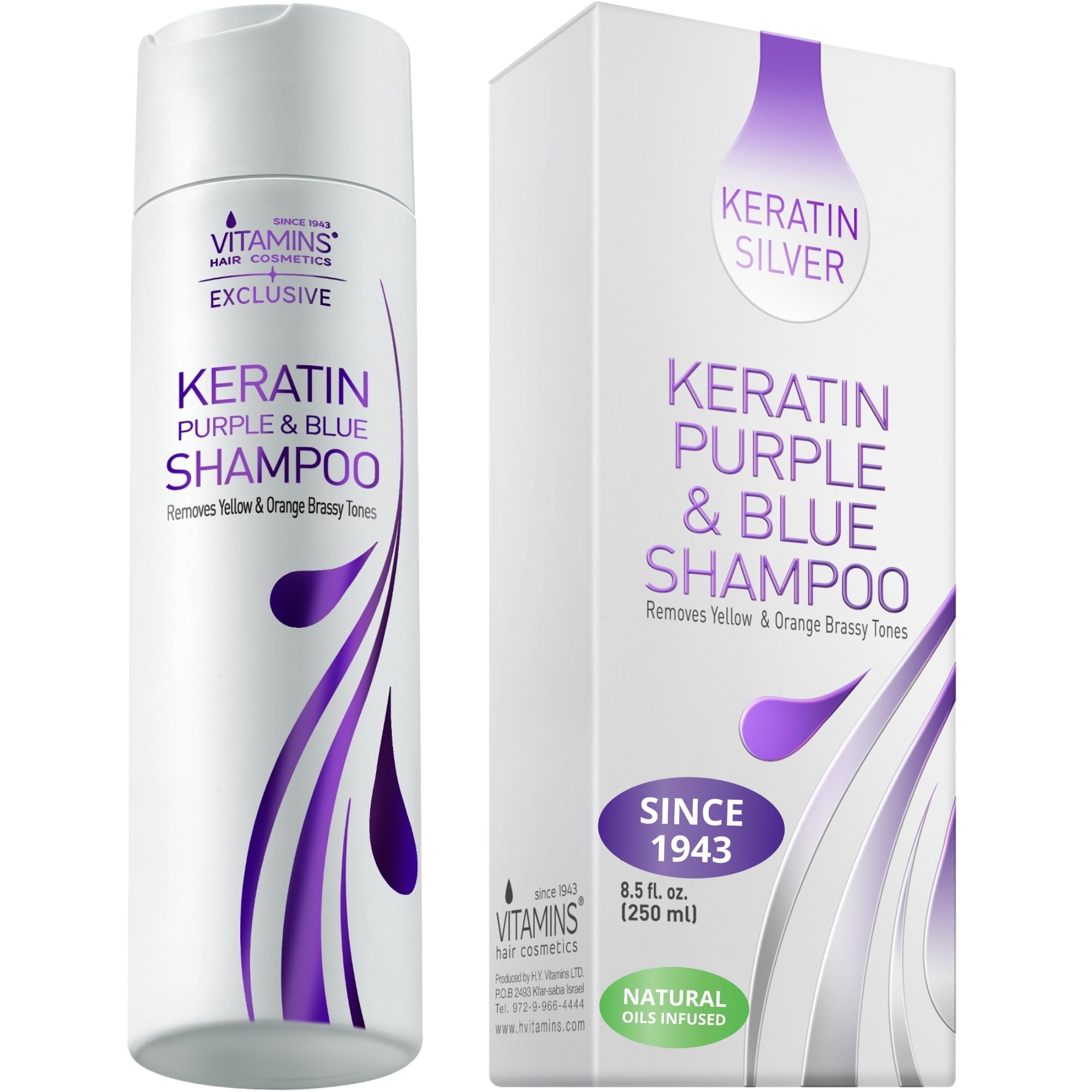 VITAMINS hair cosmetics keratin purple shampoo bottle shows color-neutralizing care for blondes.