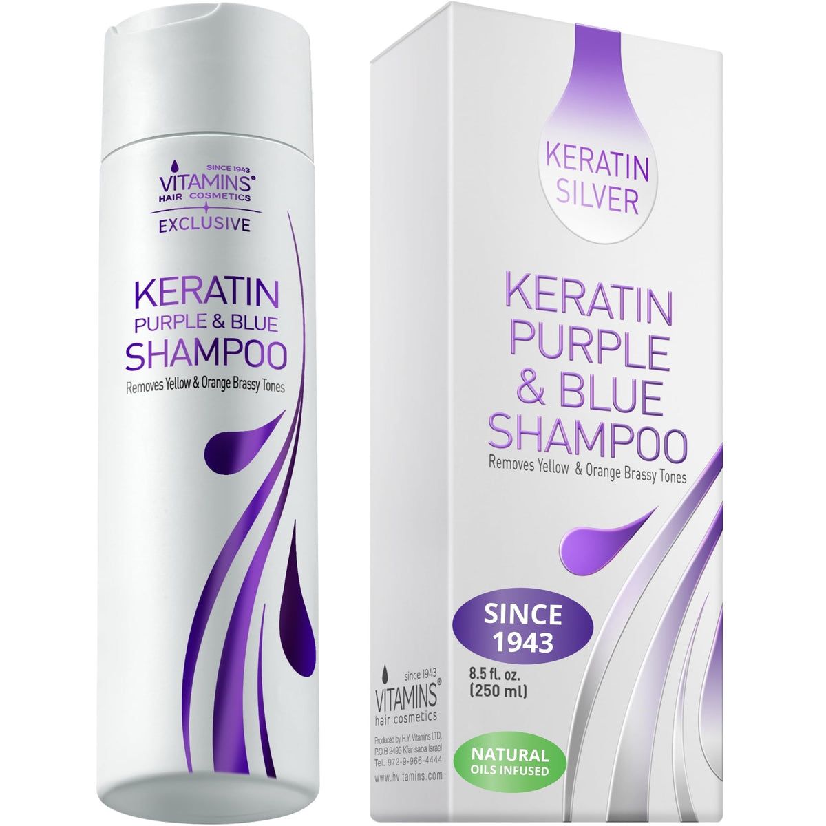 VITAMINS hair cosmetics keratin purple shampoo bottle shows color-neutralizing care for blondes.