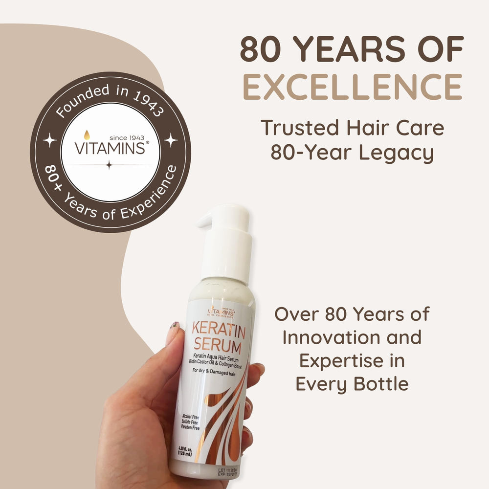 VITAMINS hair cosmetics keratin serum applied to hand for lightweight styling