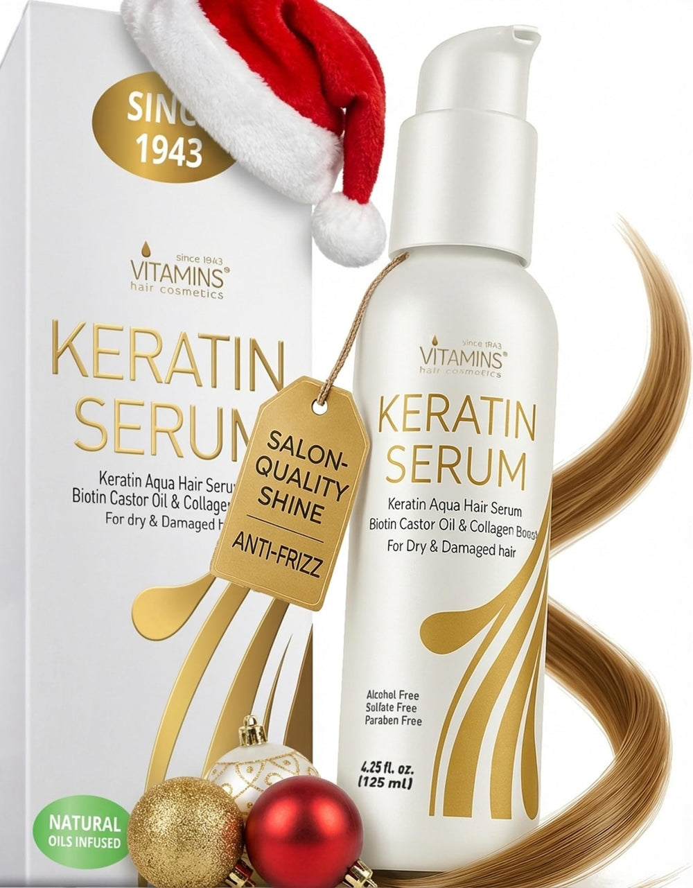 VITAMINS hair cosmetics keratin serum bottle pour shows frizz control and shine