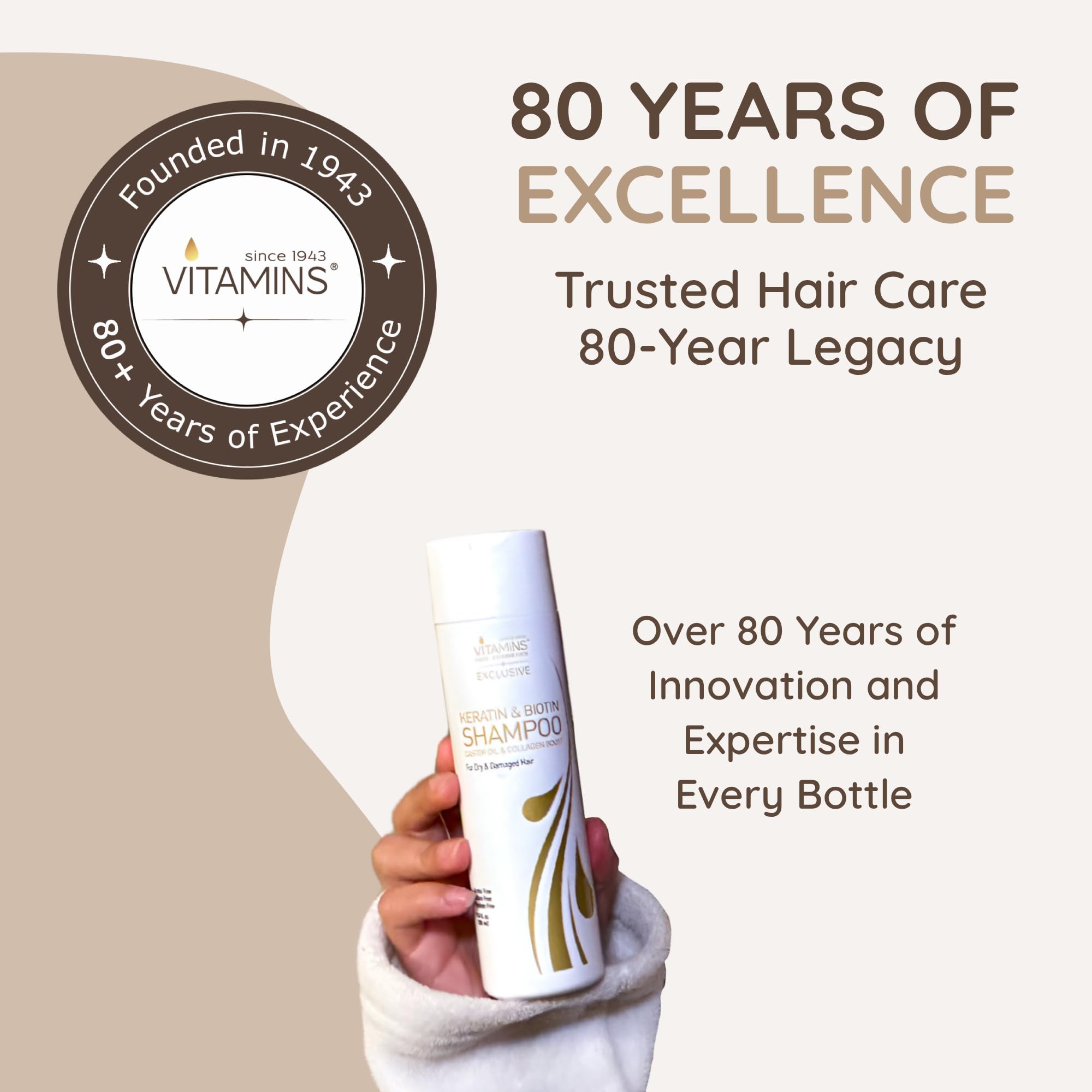 VITAMINS keratin shampoo bottle on sink for versatile styling