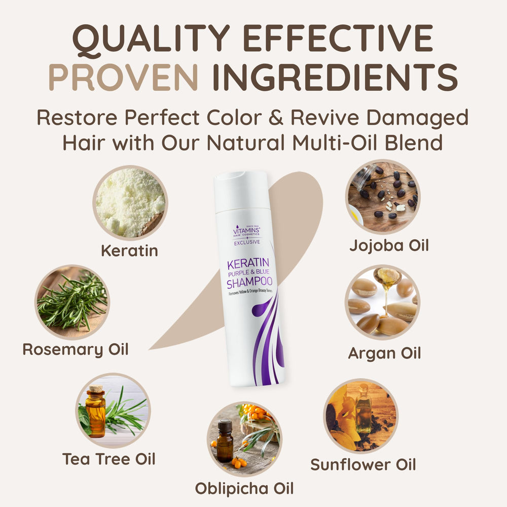 VITAMINS keratin purple shampoo bottle highlights repair ingredients that support healthier strands.