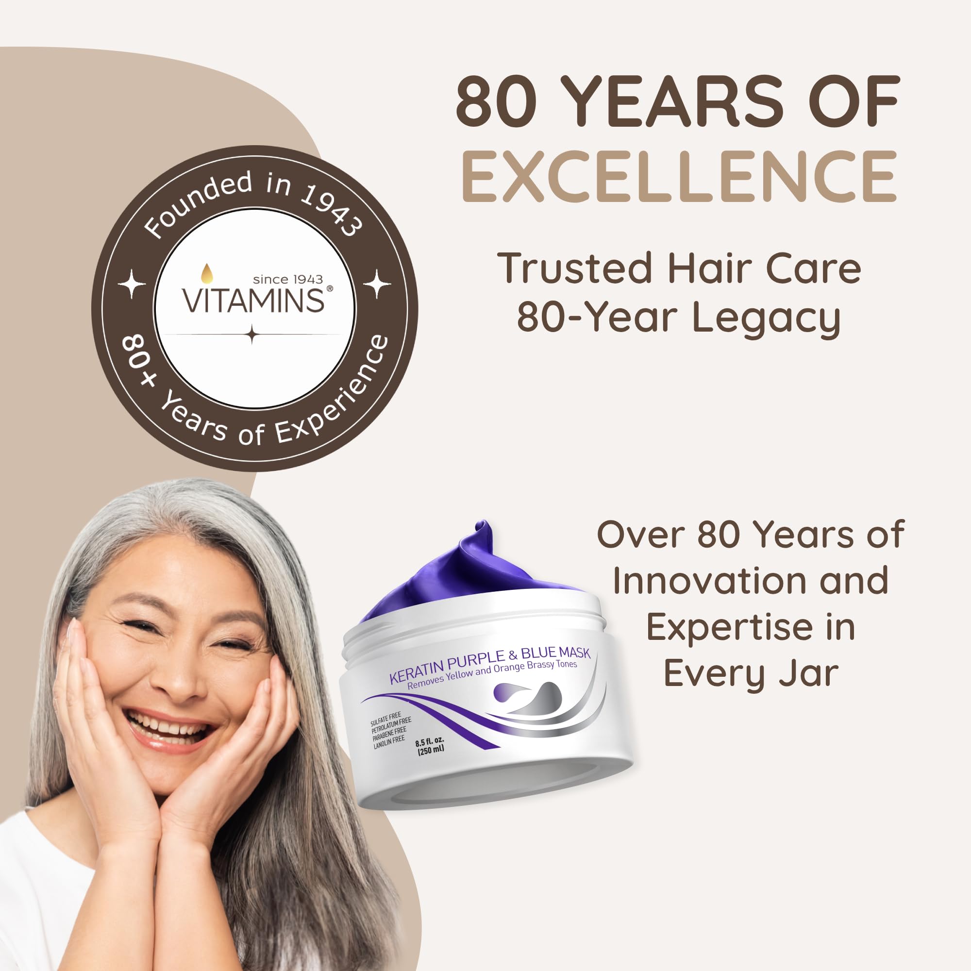 VITAMINS hair cosmetics purple hair mask application showcasing brass neutralization in brassy tones.