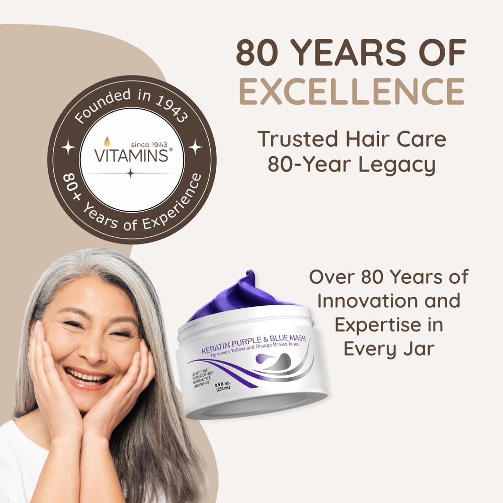 VITAMINS hair cosmetics purple hair mask application showcasing brass neutralization in brassy tones.