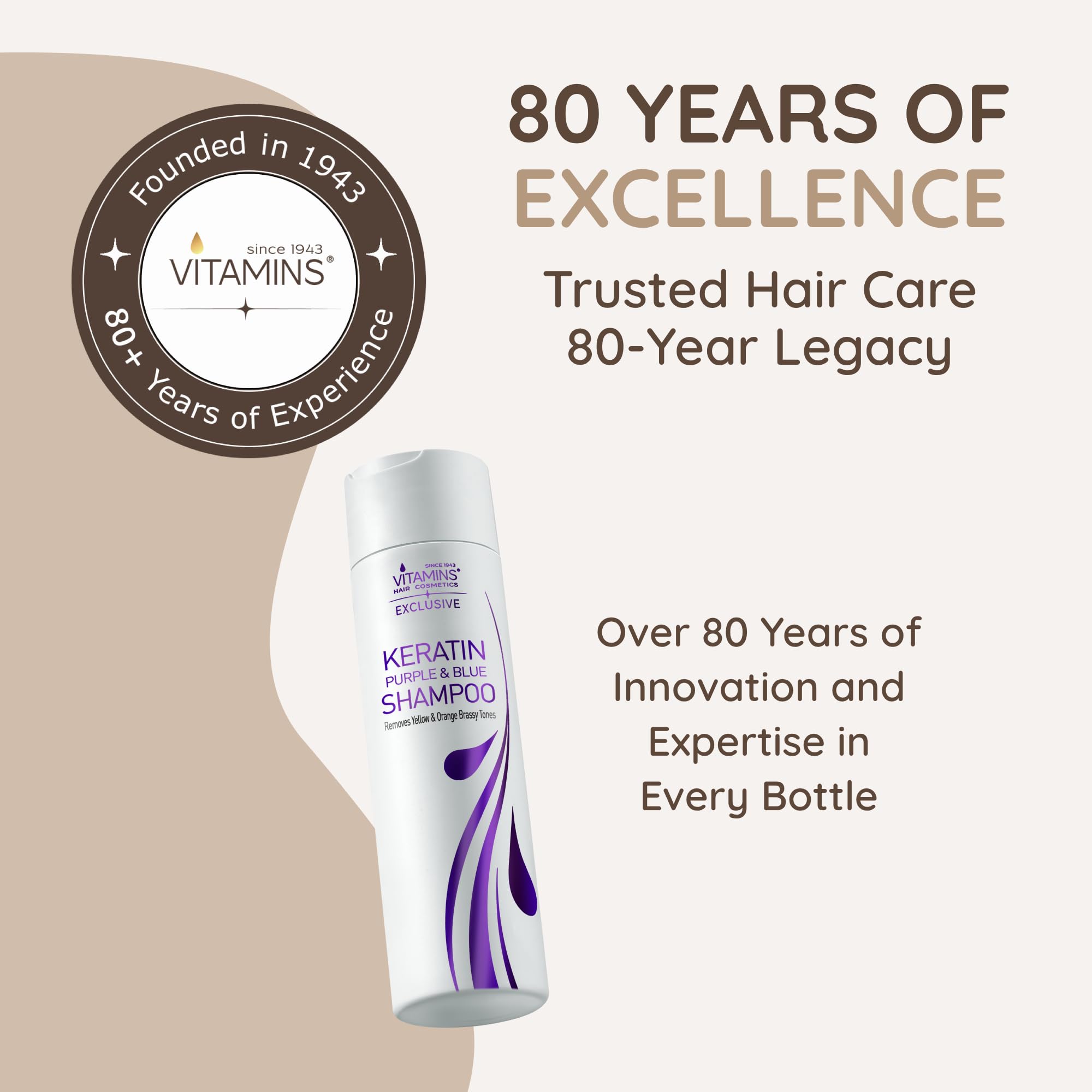 VITAMINS keratin purple shampoo dispensing pump highlights conditioning and hydrating benefits for dry hair.