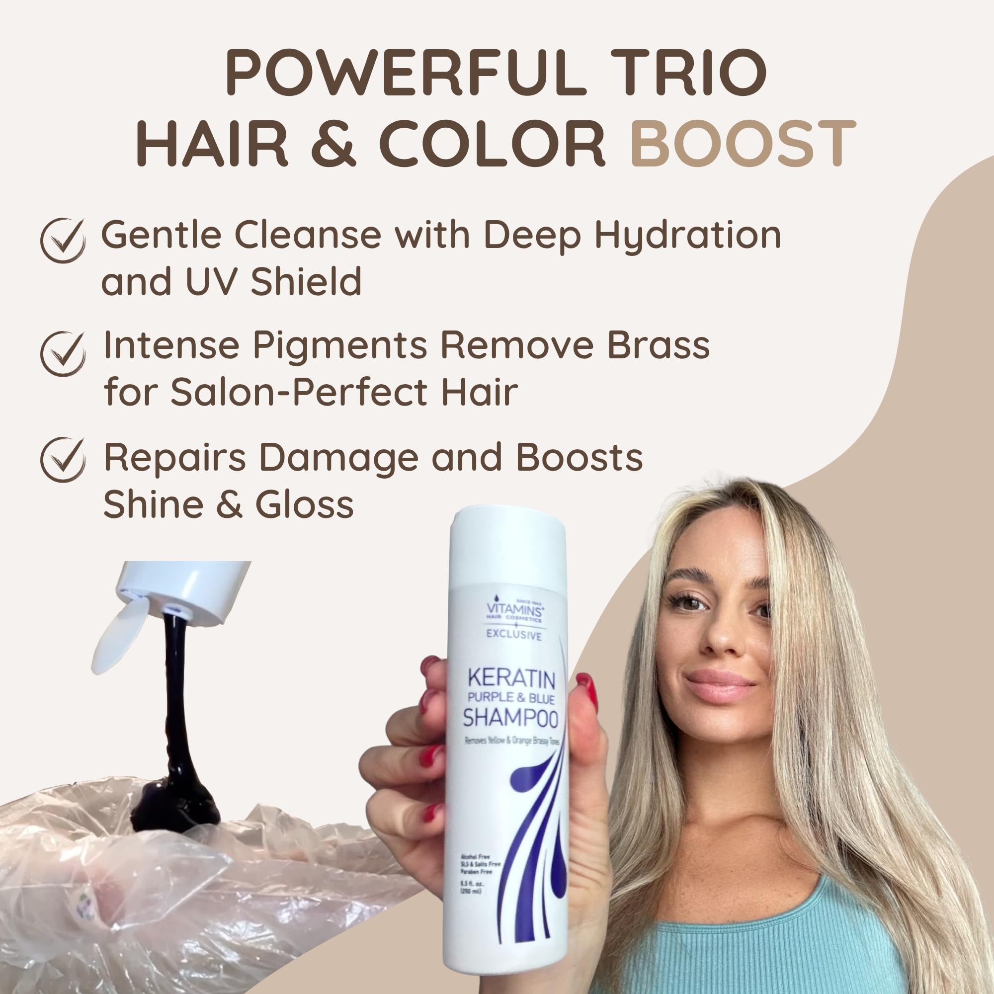 VITAMINS hair cosmetics silver hair toning shampoo showcases neutralization of brass for gray locks.