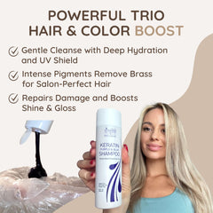 VITAMINS hair cosmetics silver hair toning shampoo showcases neutralization of brass for gray locks.