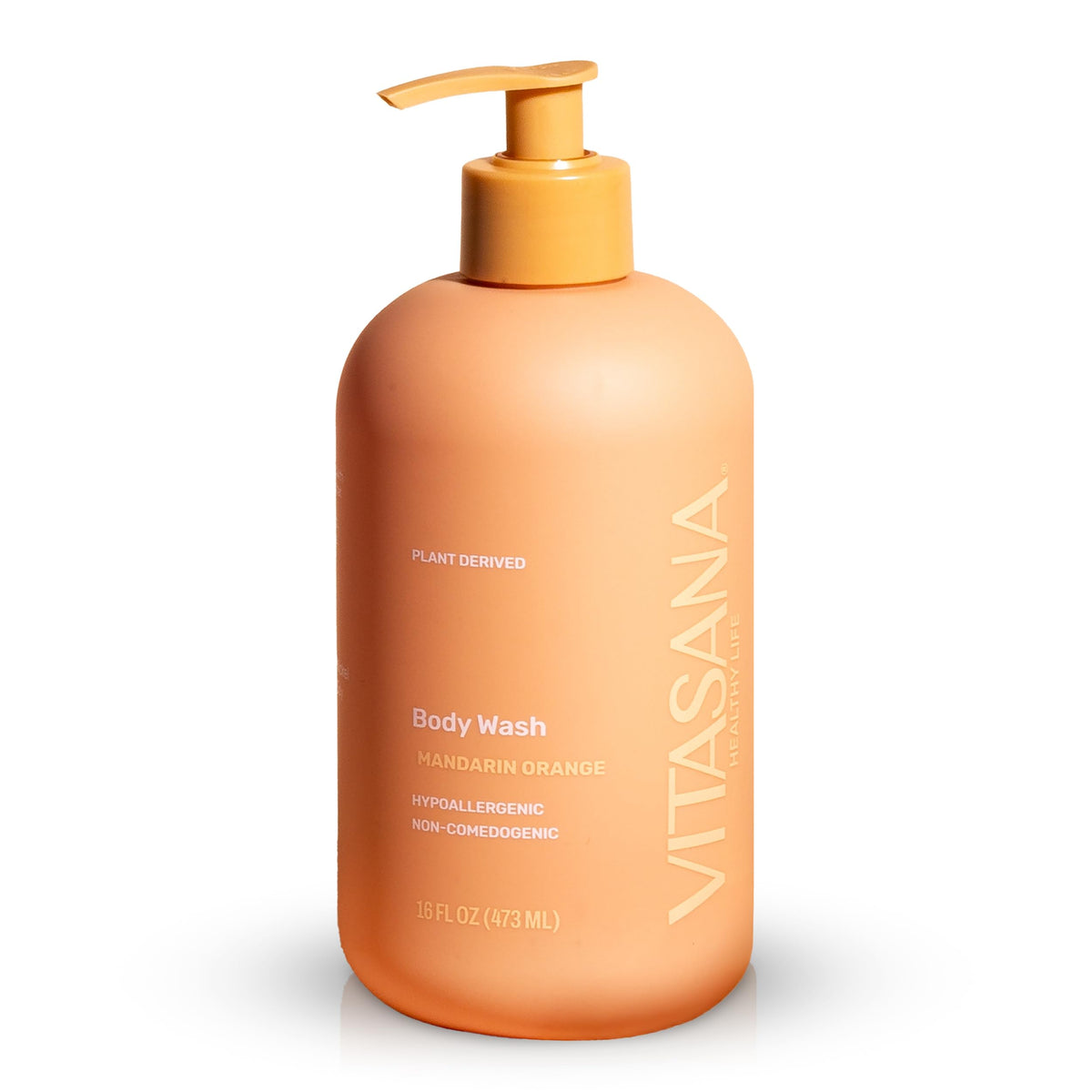 Vitasana Mandarin Orange Body Wash bottle front shows plant-based formula for sensitive skin.