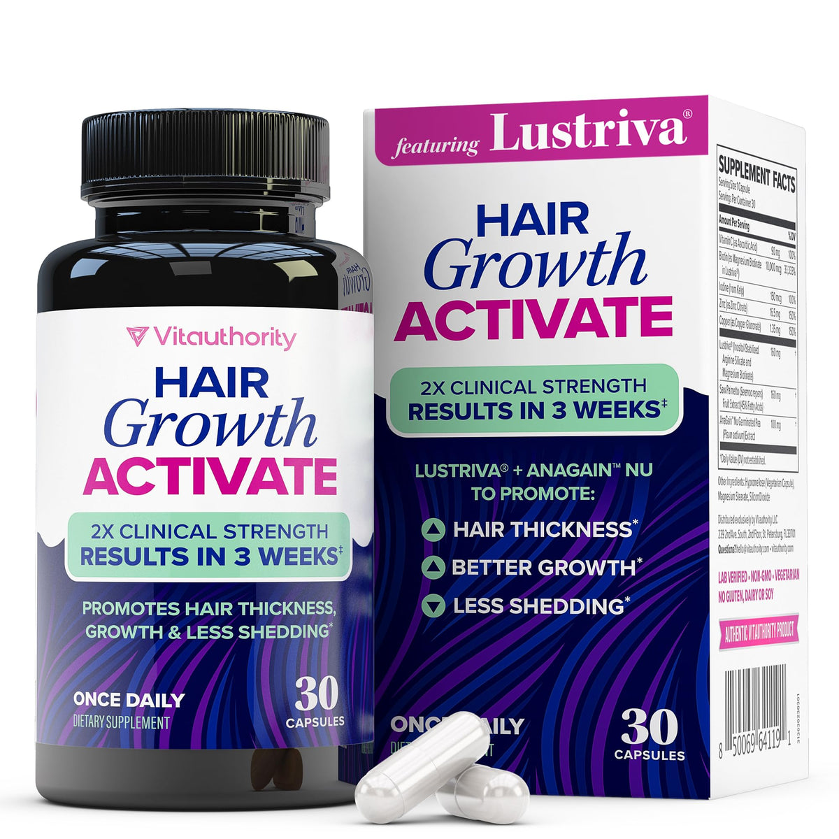 Vitauthority Lustriva bottle with capsules for daily hair growth support